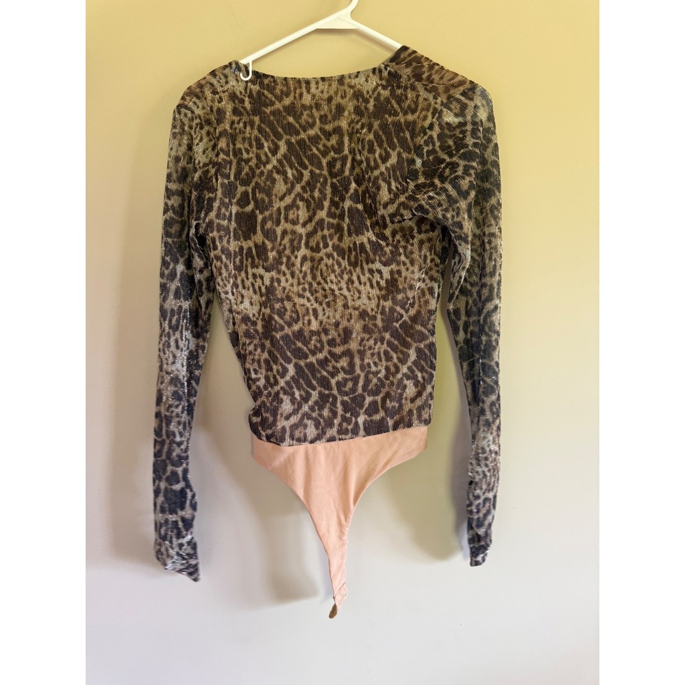 Scripted Leopard Print Metallic Mesh Bodysuit V-Neck Ruched Long Sleeve Small - Picture 4 of 4